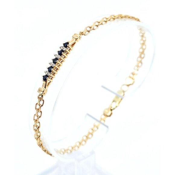 Unique 14K Yellow Gold Diamond & Blue Spinel Tennis Link Bracelet - 7.75" Length - Picture 3 of 12